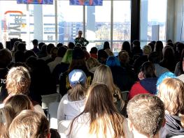 Students watch Anna Campbell Jones talk 