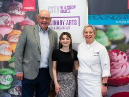 (L to R) Fraser Hogg - Ambassador & Employee Trustee at Macphie UK, Kayleigh Pirnie - City of Glasgow College bakery student and Aileen Omeara - Curriculum Head - Culinary Arts & Bakery 