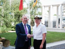 Principal and CEO, Paul Little shaking hands with Rear Admiral, Jude Terry OBE 