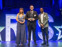 STV Presenter Laura Boyd, RTS award winning HND graduate, Rocco Rossetti, and Mediaspec, Eric Joseph. 