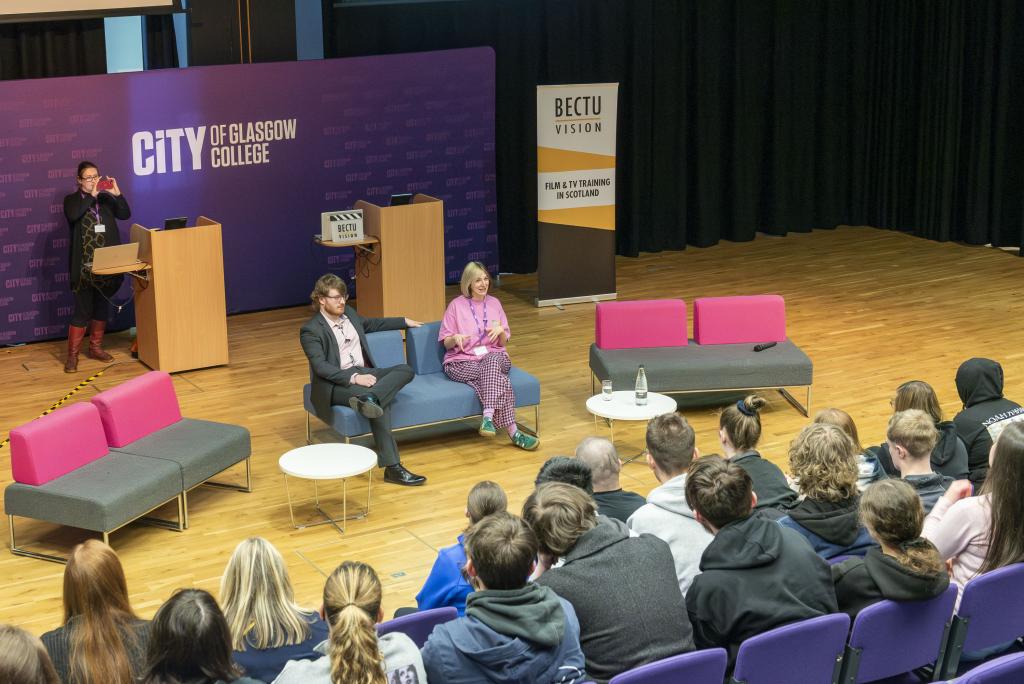 L2R: Fran Higson (Filmmaker), Jonathan Mullen (Alumni HND TV currently with River City), Hannah Currie (BATA Winning Filmmaker &amp;amp; Director), 