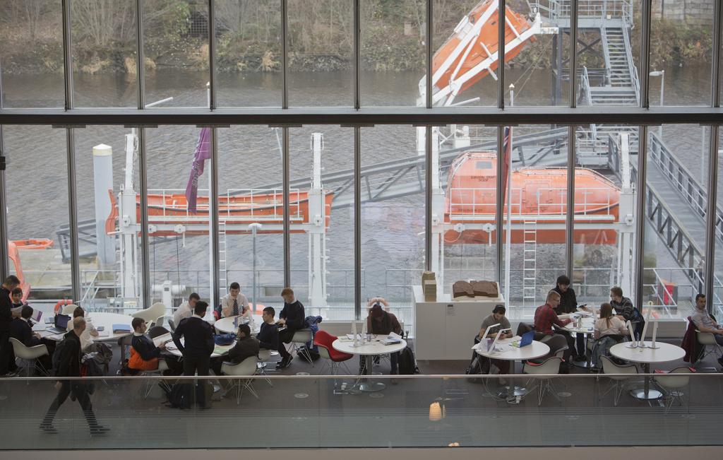 Riverside campus on banks of River Clyde. Showing rescue lifeboats.