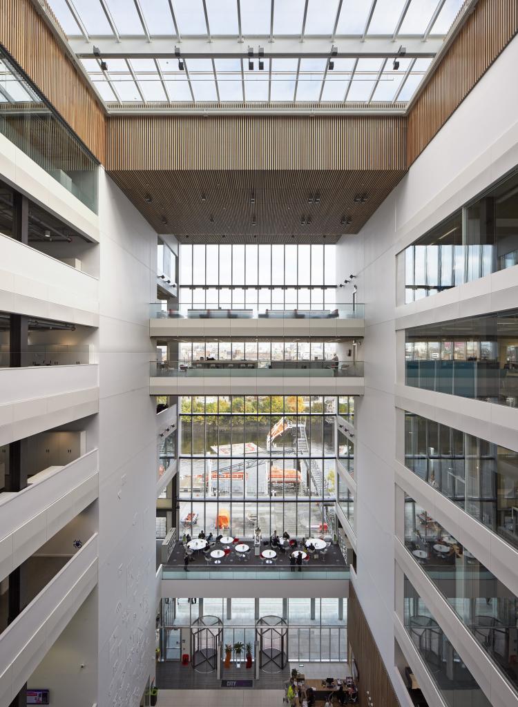 Internal photo of Riverside campus showing its seven storey atrium