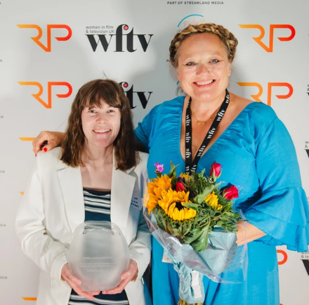 Laura Masters with her award and Katie Bailiff, CEO Women in Film and Television UK. Photo credit Charlotte Levy/ WFTV