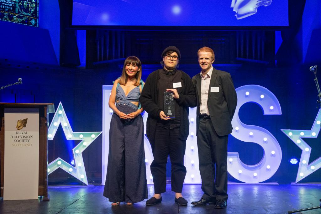 TV Presenter, Laura Boyd, RTS award winning BA graduate, Niall MacRae, and BBC Scotland Scripted &amp;amp; Entertainment Commissioner, Gavin Smith.