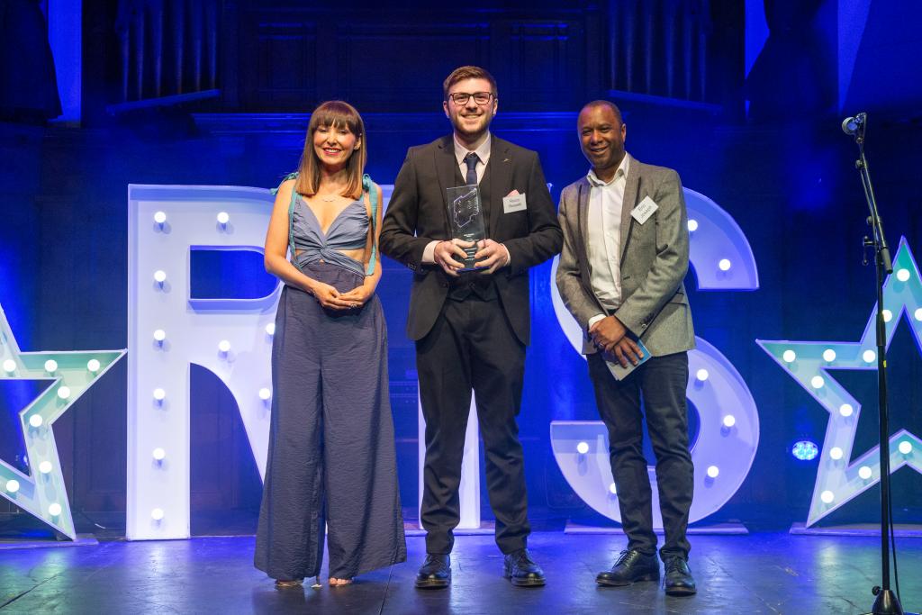 STV Presenter Laura Boyd, RTS award winning HND graduate, Rocco Rossetti, and Mediaspec, Eric Joseph