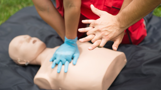 A CPR dummy with clasped hands.