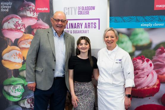 (L to R) Fraser Hogg - Ambassador & Employee Trustee at Macphie UK, Kayleigh Pirnie - City of Glasgow College bakery student and Aileen Omeara - Curriculum Head - Culinary Arts & Bakery