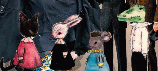 An animation of a cat, a rabbit, a mouse and a crocodile standing up wearing clothes.