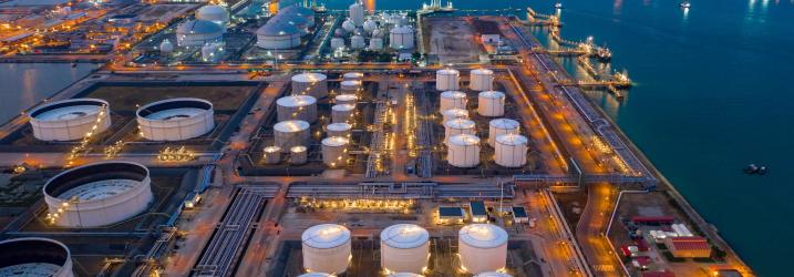 Ariel view of oil and gas terminal storage tank farm.