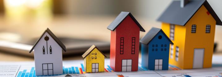 A close up of four colourful wooden houses.